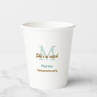 She's a catch blue monogram bachelorette party bro paper cups