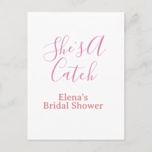 she's a catch bridal shower name date pink purple postcard