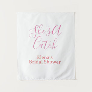 she's a catch bridal shower name date pink purple tapestry