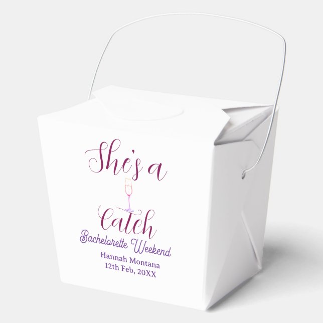 She's a catch champagne bottle bachelorette weeken favour box (Front)