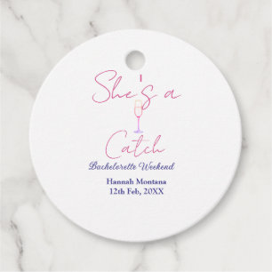 She's a catch champagne bottle bachelorette weeken favour tags