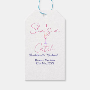She's a catch champagne bottle bachelorette weeken gift tags