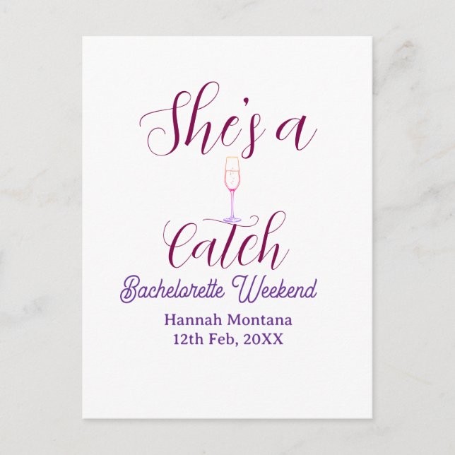 She's a catch champagne bottle bachelorette weeken postcard (Front)