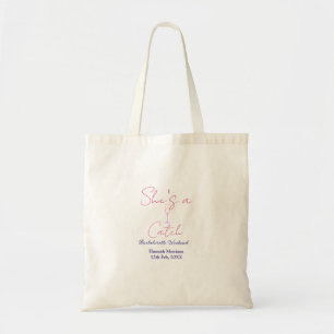 She's a catch champagne bottle bachelorette weeken tote bag