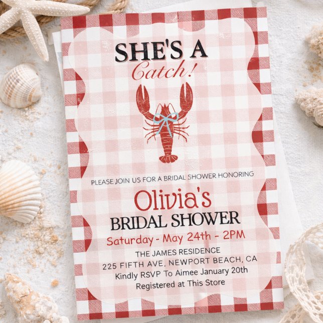She's a Catch Coastal Lobster Bridal Shower  Invitation (Creator Uploaded)