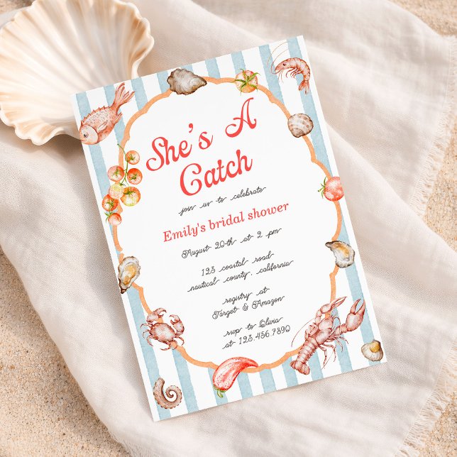 She's A Catch Lobster Coastal Bridal Shower Invitation (Creator Uploaded)