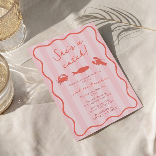 She's A Catch Lobster Pink & Orange Bridal Shower Invitation (She's a catch vibrant orange and pink seafood bridal shower invitations with doodle illustrations)