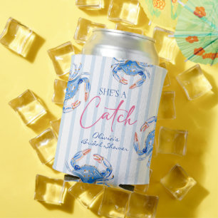 She's a Catch Preppy Coastal Crab Bridal Shower Can Cooler