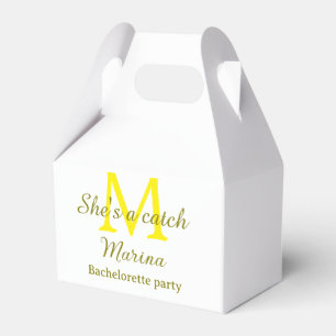 She's a catch yellow monogram bachelorette party n favour box