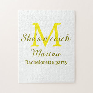 She's a catch yellow monogram bachelorette party n jigsaw puzzle