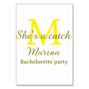 She's a catch yellow monogram bachelorette party n table number