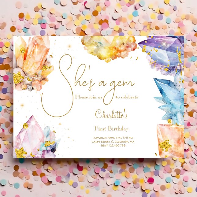 She's a Gem Birthday Crystals Girl's watercolor Invitation (Creator Uploaded)