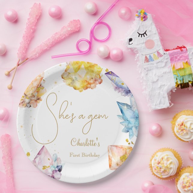 She's a Gem Birthday Crystals Girl's watercolor Paper Plate (Party)