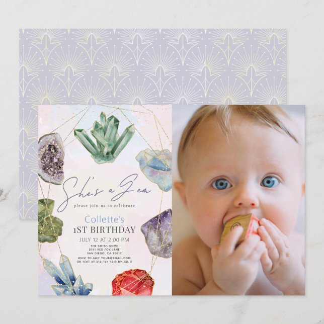 She's a Gem Crystals Gemstone 1st Birthday Photo Invitation (Front/Back)