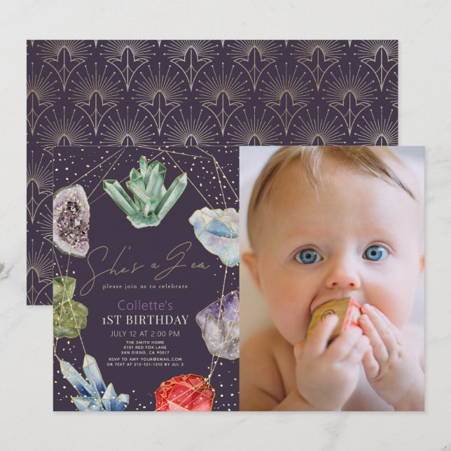 She's a Gem Crystals Gemstone 1st Birthday Photo Invitation (Front/Back)