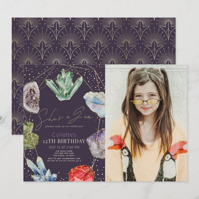 She's a Gem Crystals Gemstone Birthday Photo Invitation (Front/Back)
