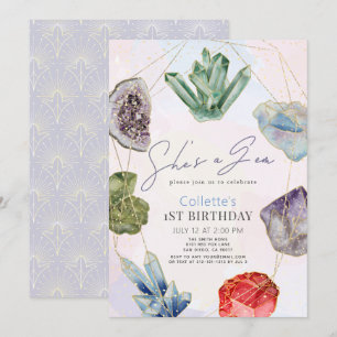 She's a Gem Crystals Gemstone Geology 1st Birthday Invitation