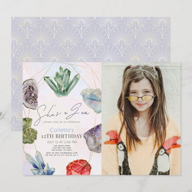 She's a Gem Crystals Gemstone Girl Birthday Photo Invitation (Front/Back)