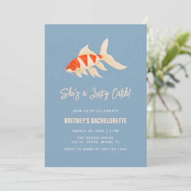 She's A Lucky Catch Koi Fish Blue Bachelorette Invitation (Standing Front)