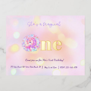 She's a Magical One, Unicorn Pastel First Birthday Foil Invitation Postcard