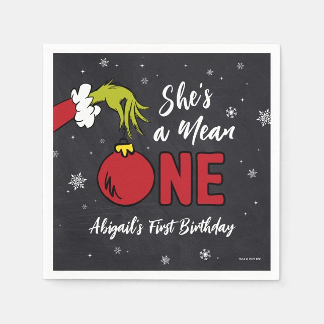 She's a Mean One | Grinch Chalkboard Birthday Napkin (Front)