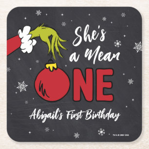 She's a Mean One   Grinch Chalkboard Birthday Square Paper Coaster