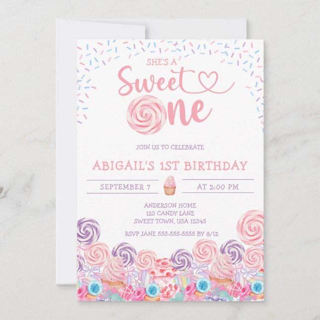 SHE'S A SWEET ONE CANDY 1ST BIRTHDAY INVITATION (Front)