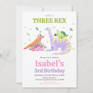 She's a Three rex Trex Dinosaur Birthday Invitation