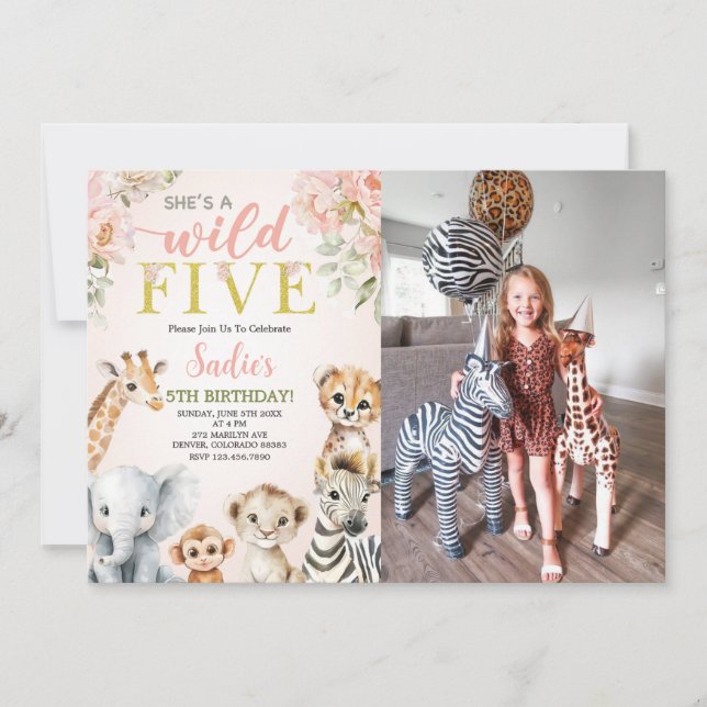 She's a Wild Five Floral Safari Birthday Photo Invitation (Front)