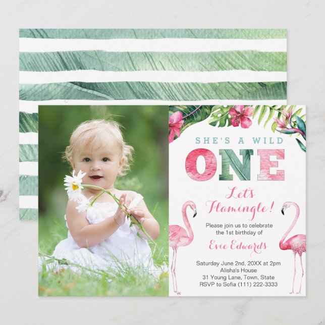 she's a wild ONE, 1st Birthday Flamingo Party Invitation (Front/Back)