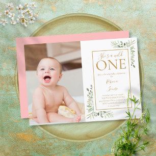She's A Wild One 1st Birthday Greenery Photo Invitation
