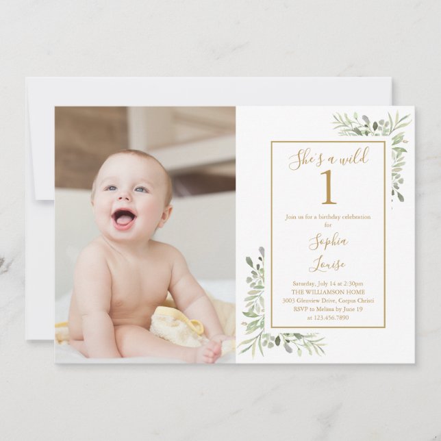 She's A Wild One Girl 1st Birthday Greenery Photo Invitation (Front)