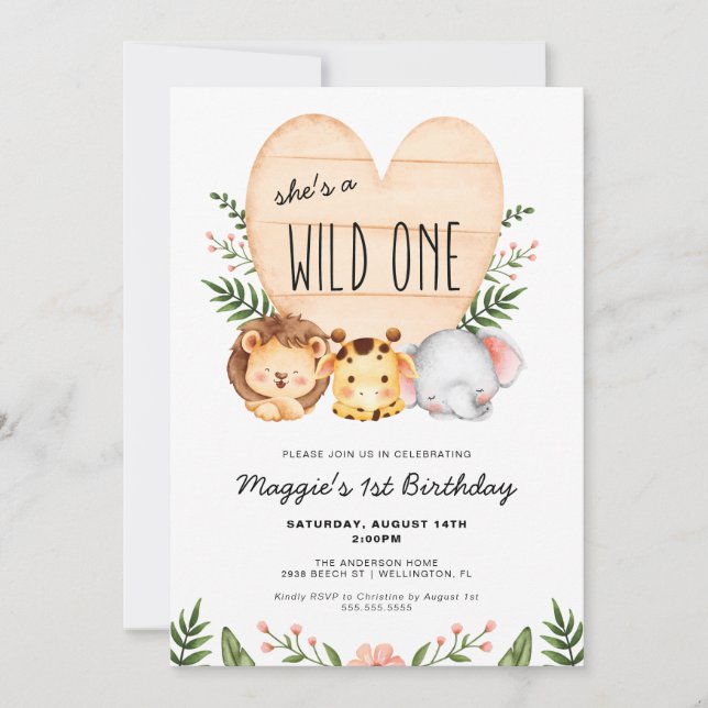 She's A Wild One Safari Animals 1st Birthday Invitation (Front)