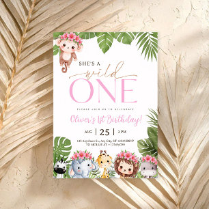 She's a Wild One Safari Animals 1st Birthday Invitation