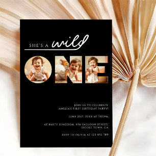 She's a Wild One Sleek Black 1st Birthday  Invitation