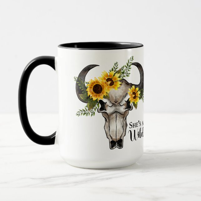 "She's a Wild One" with Skull/Sunflowers Coffee Mug (Left)