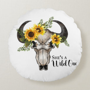 "She's a Wild One" with Skull/Sunflowers Round Cushion