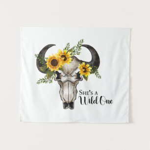 "She's a Wild One" with Skull/Sunflowers Tapestry