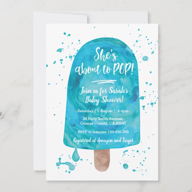 She's about to POP Blue Baby Shower Invitation (Front)