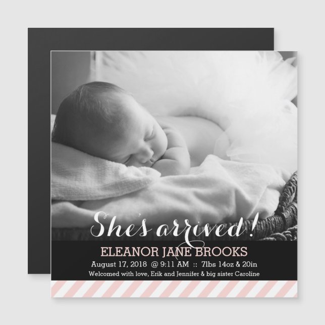 She's Arrived Pink Stripes Baby Announcement (Front/Back)