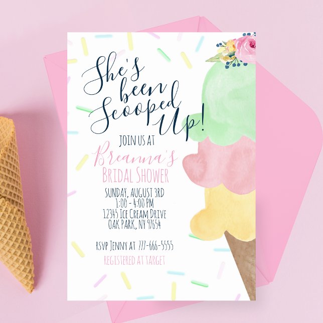 She's Been Scooped Up Ice Cream Bridal Shower Invitation (Watercolor She's Been Scooped Up Bridal Shower Invitations in Green, Pink and Yellow)