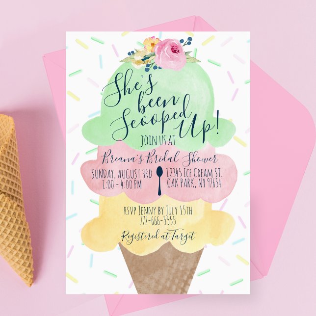 She's Been Scooped Up Ice Cream Bridal Shower Invitation (Watercolor She's Been Scooped Up Bridal Shower Invitations in Green, Pink and Yellow)
