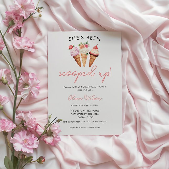 She's Been Scooped Up – Ice Cream Bridal Shower Invitation (She's Been Scooped Up – Ice Cream Bridal Shower Invitation with Pink & Purple Floral Brunch Theme)