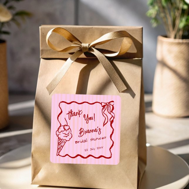 She's been scooped up icecream bridal shower favou square sticker (She's been scooped up ice cream bridal shower personalized favor sticker)