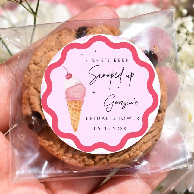 She's Been Scooped Up Pink Red Wavy Bridal Shower  Classic Round Sticker (Creator Uploaded)