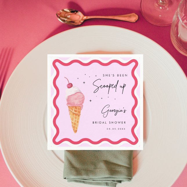 She's Been Scooped Up Pink Red Wavy Bridal Shower Napkin (Creator Uploaded)