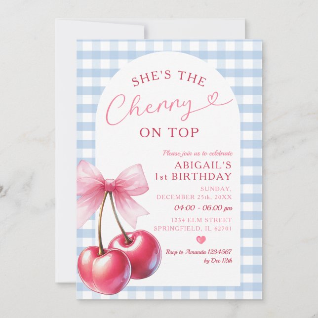She's Cherry on Top Blue Gingham Pink Birthday Bow Invitation (Front)
