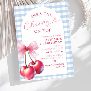 She's Cherry on Top Blue Gingham Pink Birthday Bow Invitation