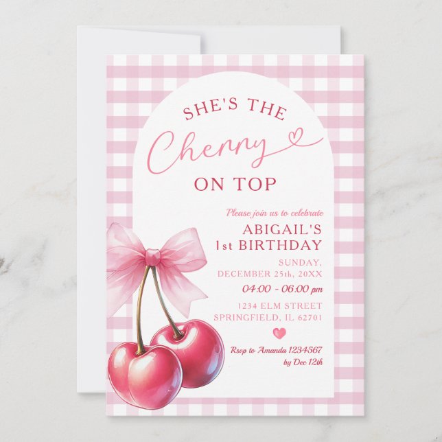 She's Cherry on Top Gingham Pink Birthday Bow Invitation (Front)