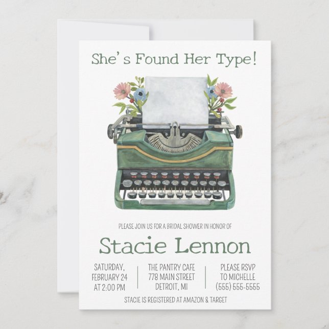 She's Found Her Type! Typewriter Bridal Shower Invitation (Front)